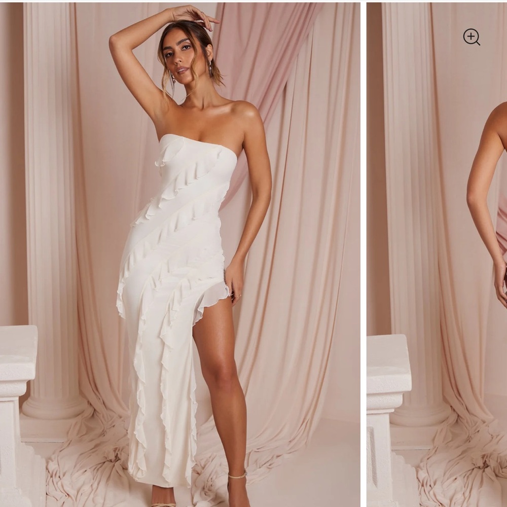 Oh Polly NEVALI Bandeau Ruffle Detail Maxi Dress in Ivory New With Tags